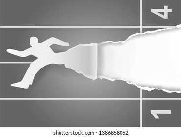Man to start a career, torn paper background. 
Paper male silhouette ripping paper with run running track with place for your text or image. Vector available.