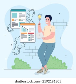 man with start up icons