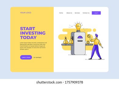 Man started investment to get more returns illustration landing page. Financial planning for future. Money investing machine. Vector Illustration.