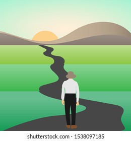 A man starting to begin his journey along the road to achieve his goal. Successful, achievement, challenge concept. Vector illustration.