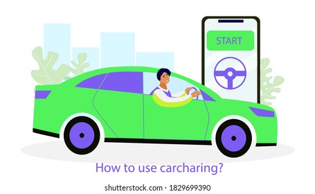 A man starting to drive car from car sharing service. Use application on smartphone to start. Green bright flat design.