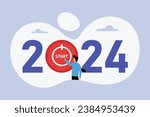Man starts 2024 by pressing button 2D flat vector concept for banner, website, illustration, landing page, flyer, etc