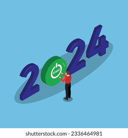 Man starts 2024 by pressing button isometric 3d vector illustration concept for banner, website, illustration, landing page, flyer, etc