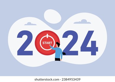 Man starts 2024 by pressing button 2D flat vector concept for banner, website, illustration, landing page, flyer, etc
