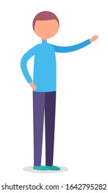 Man startup isolated person in flat cartoon style. Vector guy pointing hand on something, financial consultant, successful person confident expert explaining something, advisor or freelancer character
