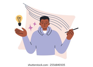 Man in state of flow, immersed in work with pen in hand, person creating ideas. Concept of inspiration, focus, psychology, and self improvement. Vector illustration in flat, cartoon, and doodle style
