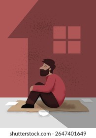 Um homem em estado de pobreza sentado tristemente em frente a uma casa vermelha, simbolizando um sem-teto em busca de abrigo, captura a luta silenciosa