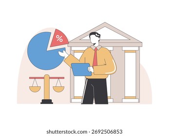 Un gran trabajador estatal está mirando las ganancias del país por las importaciones, participando en el comercio internacional. Diseño de personajes. Ilustración plana de Vector