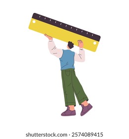 Man with stationery tool holding big ruler in hand for measuring length and width, measurement equipment. Vector guy with huge object for geometry lessons, flat cartoon illustration of plastic ruler