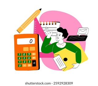 Man with stationery. Young guy with clipboard in hand near calculator, pencil and ruler. School and office supply. Manager, accountant and clerk Inventory. Linear vector illustration