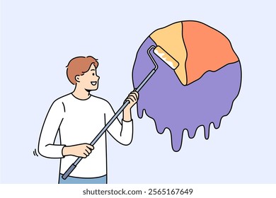 Man statistician draws infographic from chart to visualize business data, using painter roller. Statistician guy gives visual aid for studying financial market and employees of trading industry
