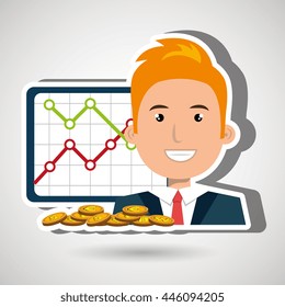 man with statistics graphic  and coins isolated icon design, vector illustration  graphic 