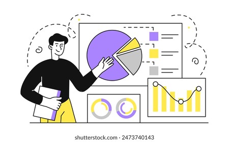 Hombre con estadísticas. Joven cerca de gráficos y diagramas. Analista lleva a cabo investigación de marketing. Presentación de negocios y conferencia. Ilustración vectorial plana lineal aislada sobre fondo blanco