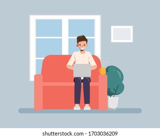 Man Stay at home avoid spreading the coronavirus during covid-19. Work from home to safe life.