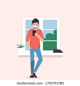 Man Stay at home avoid spreading the coronavirus during Covid-19. Work from home to safe life.