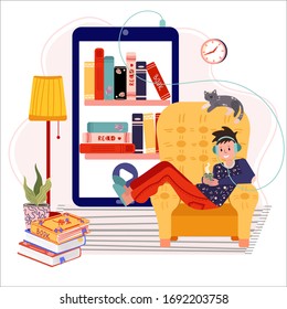 Man stay home and listening audiobook. Literature fan enjoy eBook in cozy armchair.  Online library from home. Female in headset use audiobooks application. Online learning, education from home. 