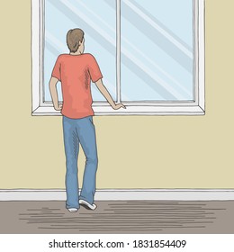 Man stay at home looking out the window graphic color sketch illustration vector