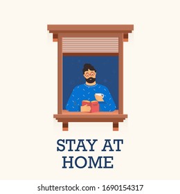 Man stay home and read a book. Vector illustration.