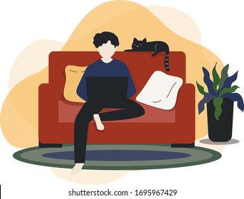 Man stay home and safe work at home with his laptop sitting on the couch with black cat sleeping behind during coronavirus or covid1-9 outbreak.