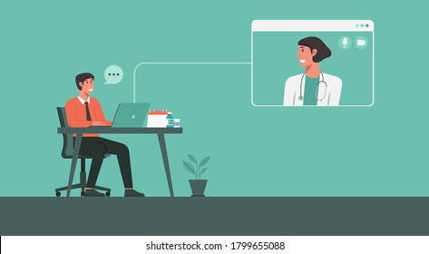 man stay at home video call conferencing with doctor, social distancing, flat vector illustration