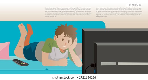 man stay home and watching TV with space to add text. Stay Safe At Home, Let's Stop COVID-19, stay home in COVID-19 coronavirus outbreak.