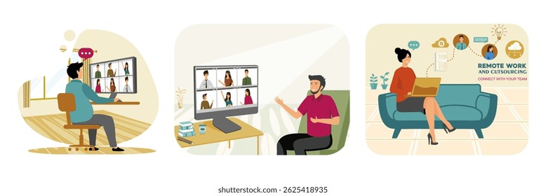 Man stay home working at home chair conference meeting with team. Virtual Team Meeting with People Interacting. A Woman working remotely with team members represented as virtual icons.