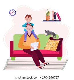 Man Stay home and working online during pandemic with child. Tired father with kid on his neck with tablet. Stressful situation for Dad with son. Freelancer with distant job when all family home.