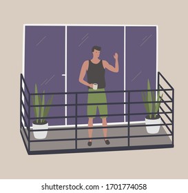 Man stay on balcony with cap of tea. Meet and communicate during quarantine pandemic coronavirus. Guy near window. Self isolation on balcony. Stay home lifestyle. Stay safe cartoon vector illustration