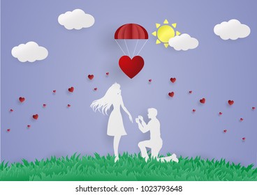 Man staying on the knee and making proposal for girlfriend with heart floating in the sky.Marry me,sun,cloud,digital craft,vector,paper art and craft style.wedding