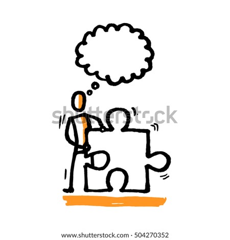 Man staying with piece of puzzle. Hand drawn vector illustration isolated on white.