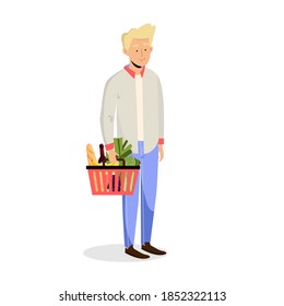 Man staying with supermarket  grocery basket. Vector illustration in flat style