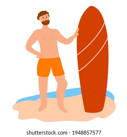 Man staying with surf. Vector illustration for decoration, graphic design, sport magazines, banners, flyers, web-sites, etc