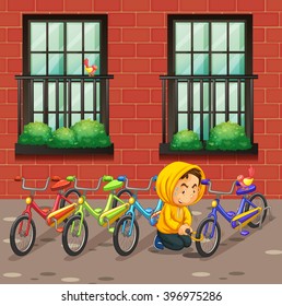 Man stealing bike in front of the building illustration