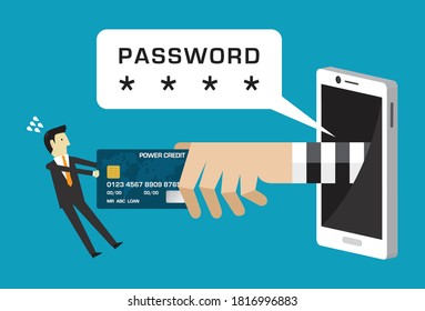 Man stealing credit card information through the phone, Vector illustration in flat style
