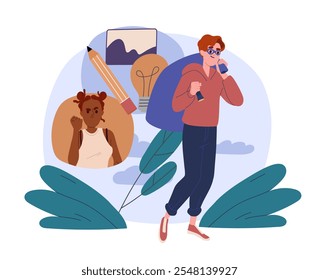 Man steals idea. Young guy in mask walks with light bulb in bag. Cybercrime and copyright infringement. Intellectual property. Flat vector illustration isolated on white background