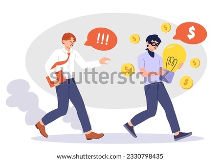 Man steals ideas concept. Young guy with light bulbs. Plagiarism and copyright infringement. Criminal and scammer on Internet. Online hacker. Legal support. Cartoon flat vector illustration