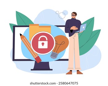 Man steals information. Young guy in black mask near light bub and pencil. Cybercrime and threat on internet. Copyright and Intellectual Property Violation. Flat vector illustration