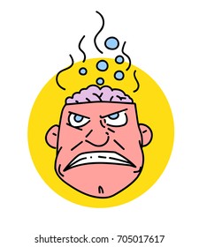 Man with steaming brain cartoon hand drawn image. Original colorful artwork, comic childish style drawing.