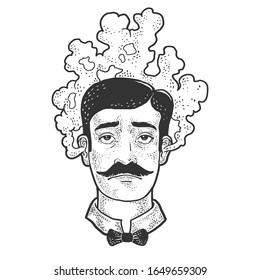 Man with a steaming head sketch engraving vector illustration. Solve task brainstorm metaphor. T-shirt apparel print design. Scratch board imitation. Black and white hand drawn image.