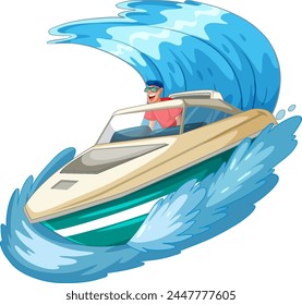 Man steering a boat on dynamic blue waves