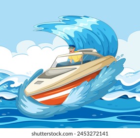 Man steering a speedboat through a large wave