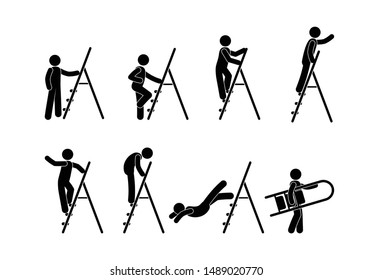 man with stepladder icons, isolated pictograms of people, stick figure human silhouette, set of illustrations of man on stairs