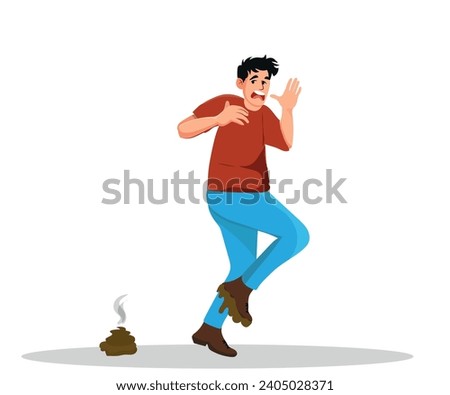 The man stepped on a pile of dog poop. Shit stuck to the shoe sole. Shit happens. Vector illustration, flat design, cartoon style, isolated background.