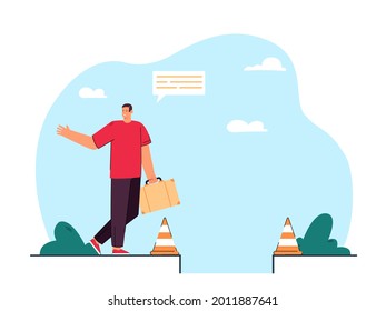 Man stepping into hole flat vector illustration. Person inattentively walking into pit, bounded by warning cones, looking in other direction. Accident, inattention, fail concept for banner design