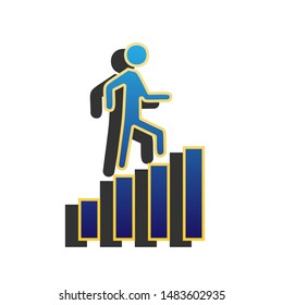 Man is Stepping Up on Bars sign. Blue icon with gold contour with dark gray shadow at white background. Illustration.