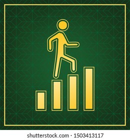 Man is Stepping Up on Bars sign. Golden icon with gold contour at dark green gridded white background. Illustration.