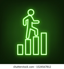 Man is Stepping Up on Bars sign. Green neon icon in the dark. Blurred lightening. Illustration.
