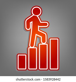 Man is Stepping Up on Bars sign. Flat red icon with linear white icon with gray shadow at grayish background. Illustration.