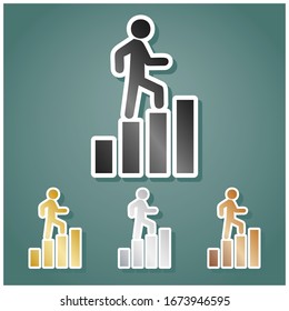 Man is Stepping Up on Bars sign. Set of metallic Icons with gray, gold, silver and bronze gradient with white contour and shadow at viridan background. Illustration.