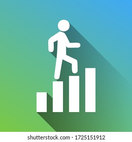Man is Stepping Up on Bars sign. White Icon with gray dropped limitless shadow on green to blue background. Illustration.
